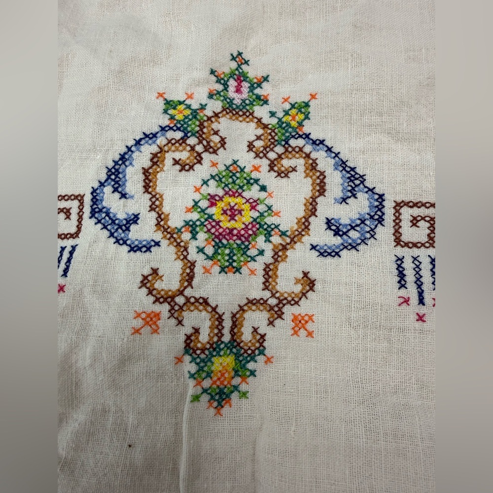 Vintage Table Hand Embroidered Floral Cross-Stitch in Blue, Brown & Multicolor
